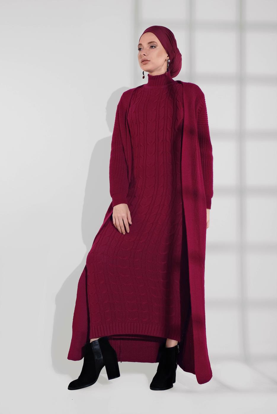 Tesettür giyim BORDO ÖRGÜ DESENLİ TRİKO ELBİSELİ TAKIM T 0501