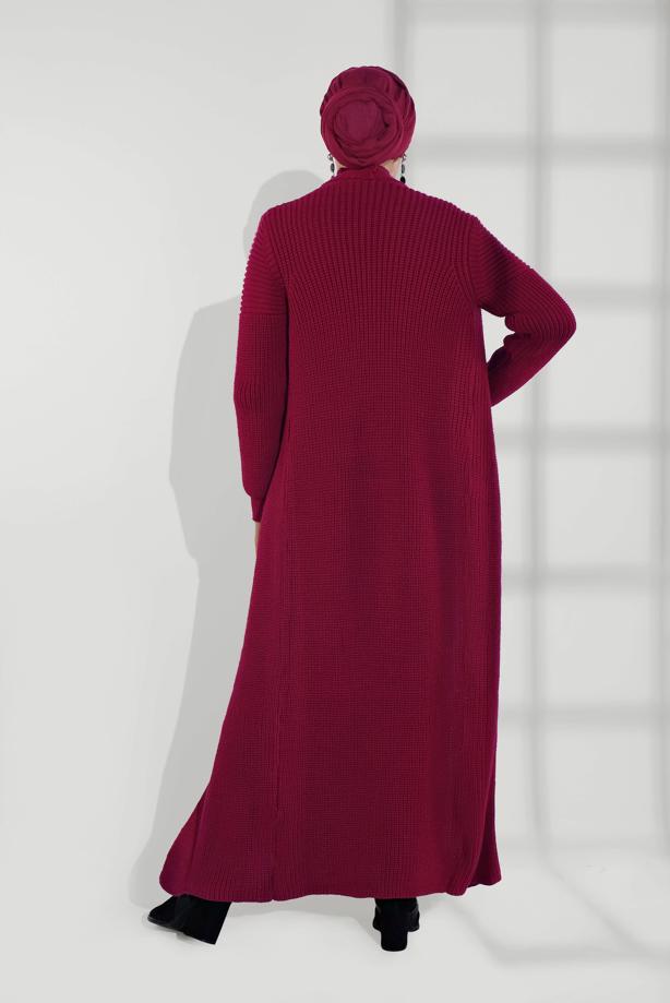 Tesettür giyim BORDO ÖRGÜ DESENLİ TRİKO ELBİSELİ TAKIM T 0501 - TRENDTESETTÜR