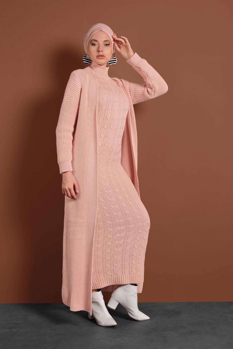 Tesettür giyim PUDRA ÖRGÜ DESENLİ TRİKO ELBİSELİ TAKIM T 0501