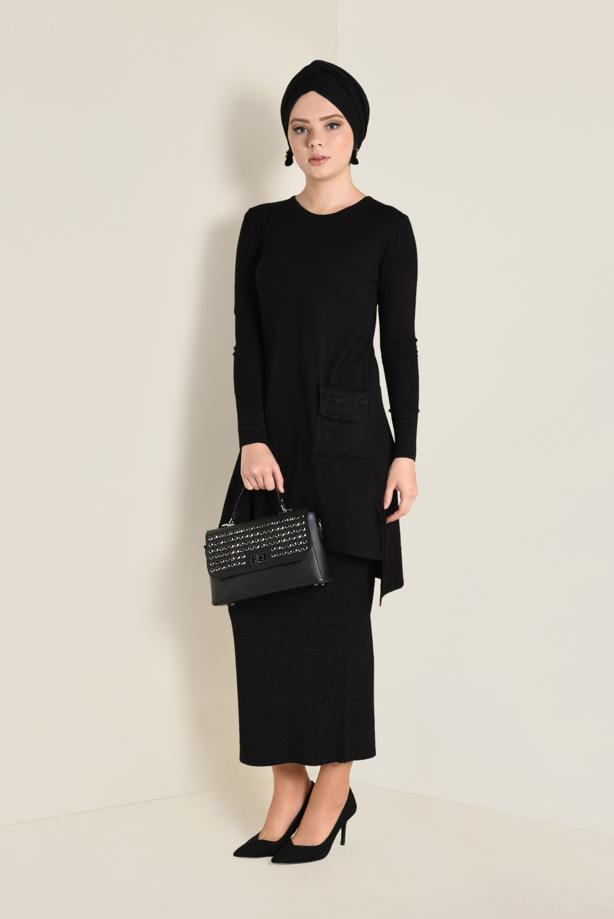 Tesettür giyim SİYAH SİMLİ TRİKO ETEKLİ TAKIM  4501 - TRENDTESETTÜR