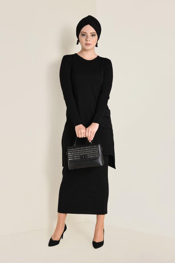 Tesettür giyim SİYAH SİMLİ TRİKO ETEKLİ TAKIM  4501 - TRENDTESETTÜR