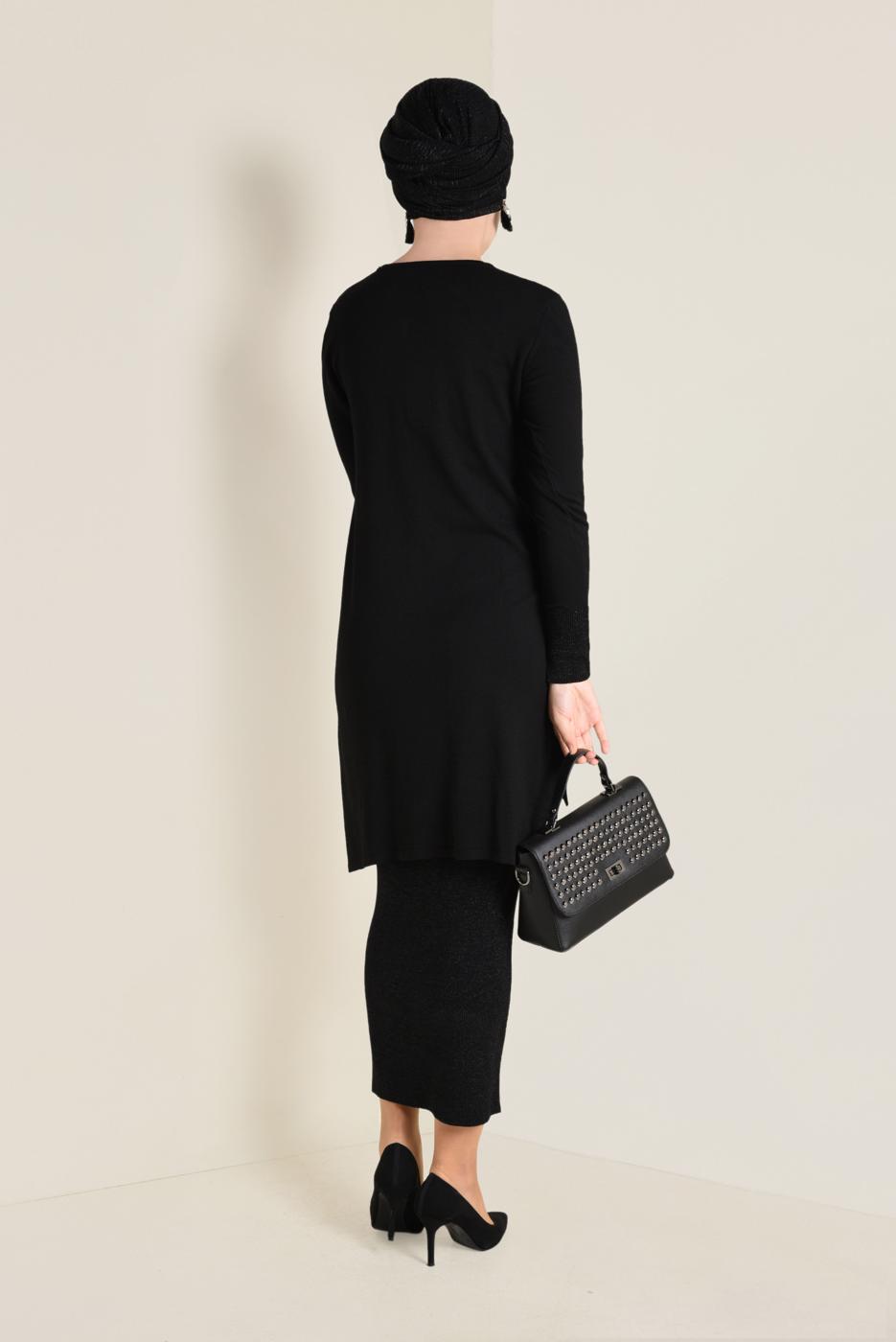 Tesettür giyim SİYAH SİMLİ TRİKO ETEKLİ TAKIM  4501