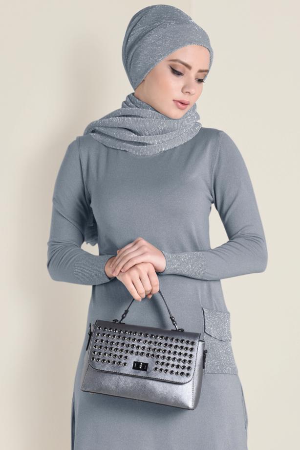 Tesettür giyim GRİ SİMLİ TRİKO ETEKLİ TAKIM  4501 - TRENDTESETTÜR