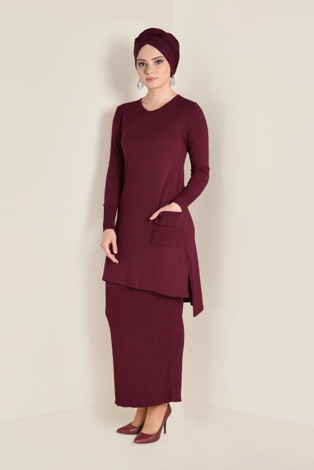 Hijab clothing CLARET RED SPARKLY KNIT SKIRT SUIT 4501  - TRENDTESETTÜR