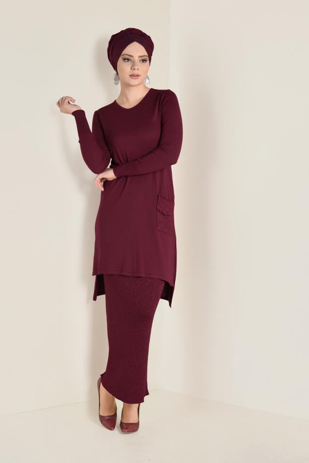 Hijab clothing CLARET RED SPARKLY KNIT SKIRT SUIT 4501  - TRENDTESETTÜR