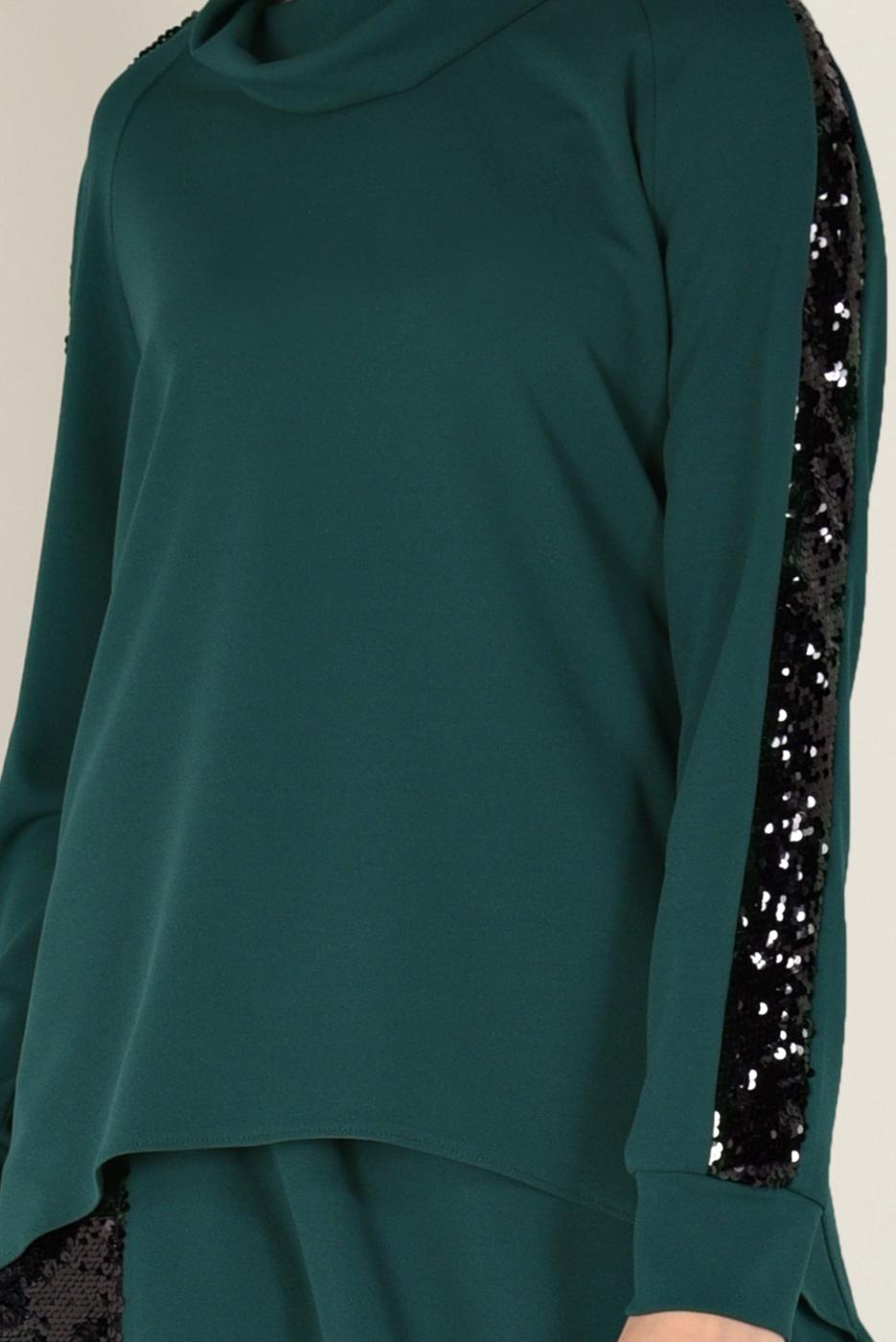 Tesettür giyim YEŞİL PUL PAYET DETAYLI ETEKLİ TAKIM 4611