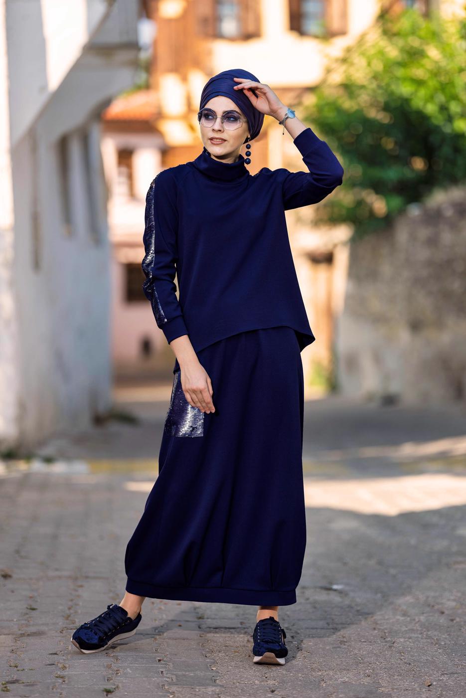 Tesettür giyim LACİVERT PUL PAYET DETAYLI ETEKLİ TAKIM 4611