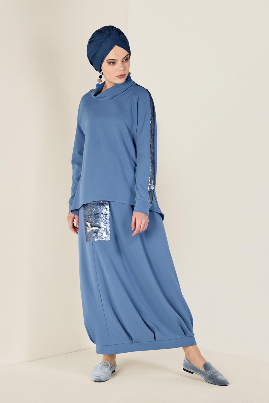 Tesettür giyim YEŞİL PUL PAYET DETAYLI ETEKLİ TAKIM 4611