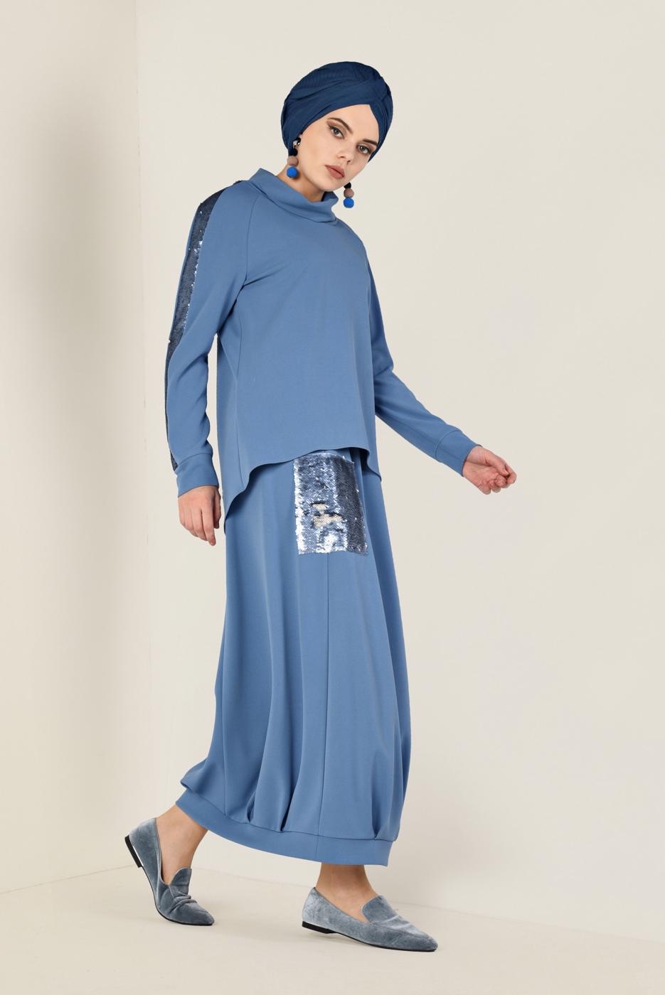 Tesettür giyim YEŞİL PUL PAYET DETAYLI ETEKLİ TAKIM 4611