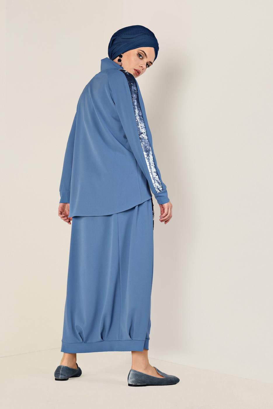 Tesettür giyim YEŞİL PUL PAYET DETAYLI ETEKLİ TAKIM 4611