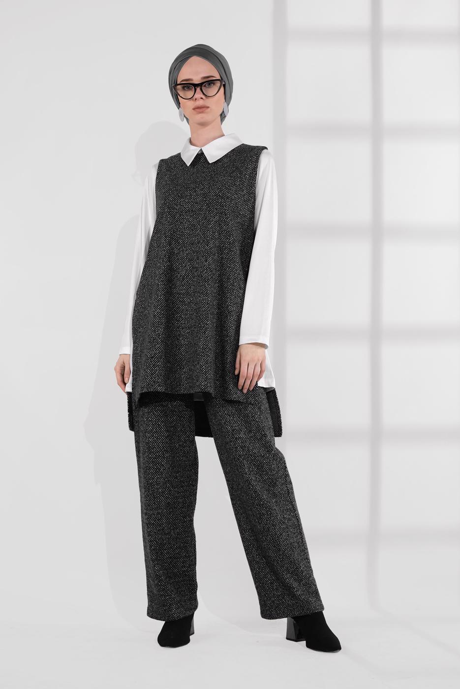 Tesettür giyim GRİ YIRTMAÇLI ERKEK YAKA 3&prime;LÜ TAKIM 5755-1