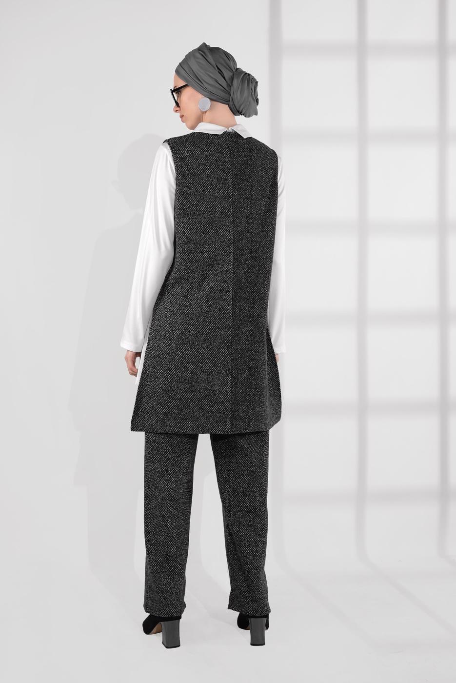 Tesettür giyim GRİ YIRTMAÇLI ERKEK YAKA 3&prime;LÜ TAKIM 5755-1