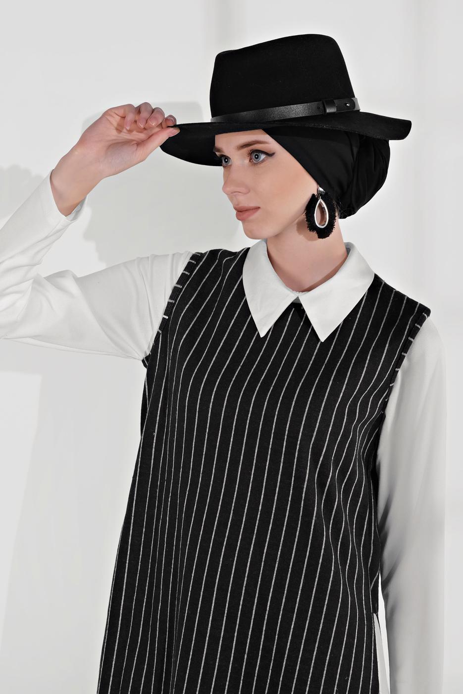 Tesettür giyim SİYAH ÇİZGİLİ ÜÇLÜ PANTOLONLU TAKIM 4365