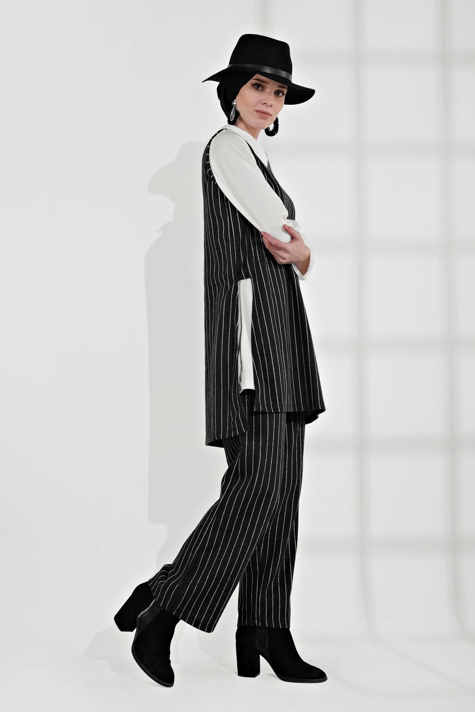 Tesettür giyim SİYAH ÇİZGİLİ ÜÇLÜ PANTOLONLU TAKIM 4365