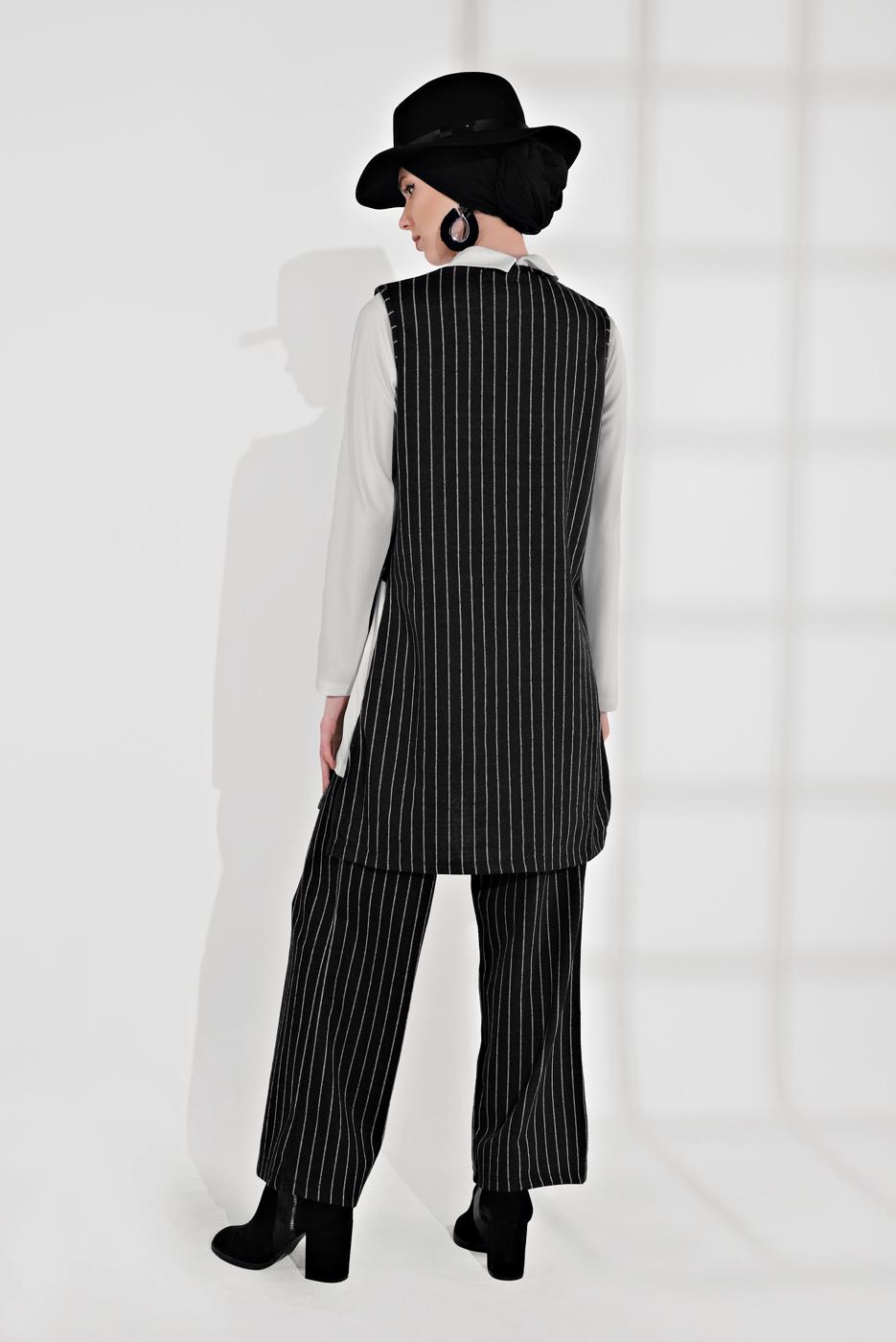 Tesettür giyim SİYAH ÇİZGİLİ ÜÇLÜ PANTOLONLU TAKIM 4365