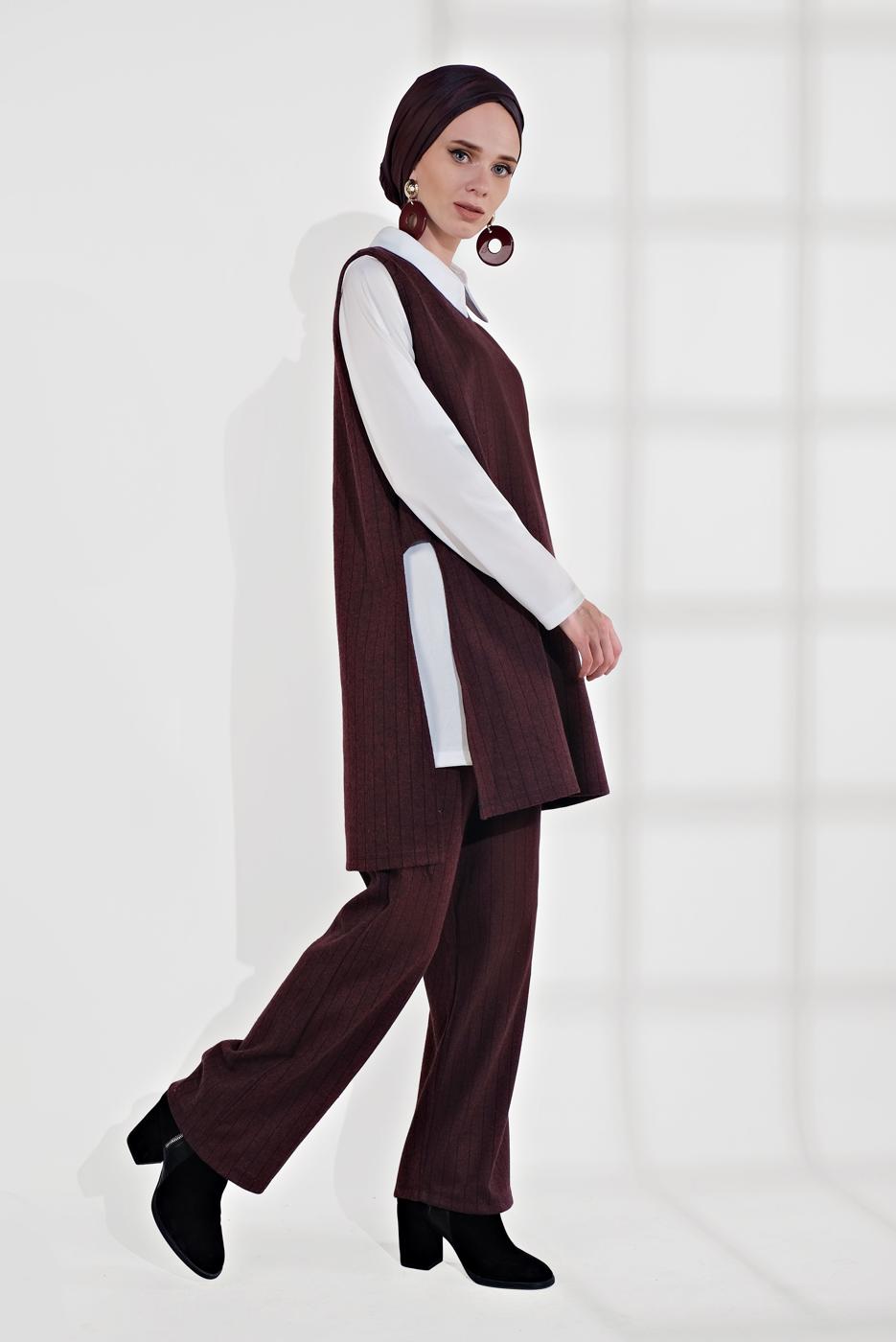 Tesettür giyim BORDO ÇİZGİLİ ÜÇLÜ PANTOLONLU TAKIM 4365