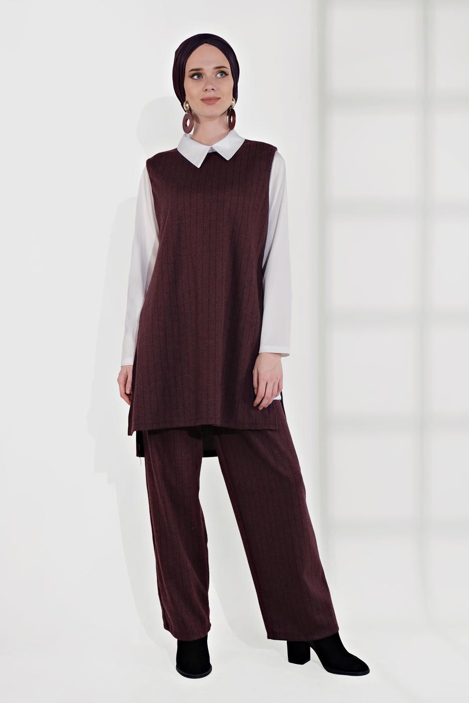 Tesettür giyim BORDO ÇİZGİLİ ÜÇLÜ PANTOLONLU TAKIM 4365