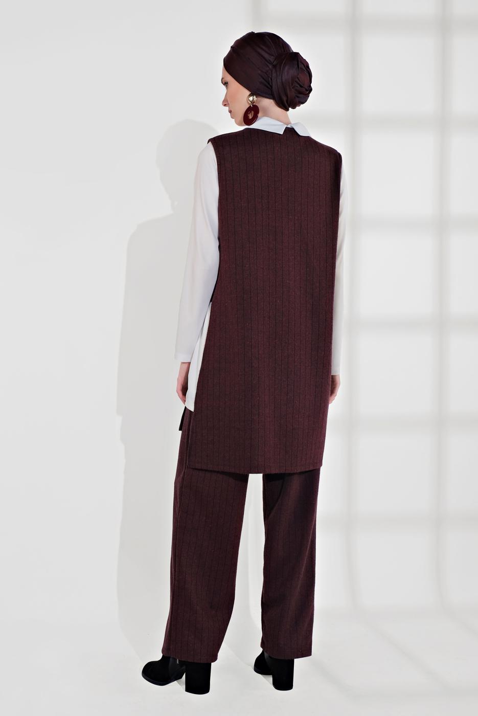 Tesettür giyim BORDO ÇİZGİLİ ÜÇLÜ PANTOLONLU TAKIM 4365