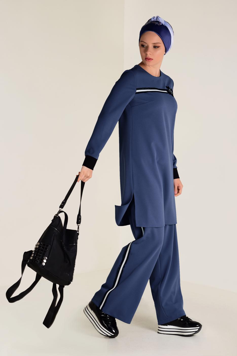 Tesettür giyim LACİVERT  ŞERİT DETAYLI PANTOLONLU TAKIM 4558 