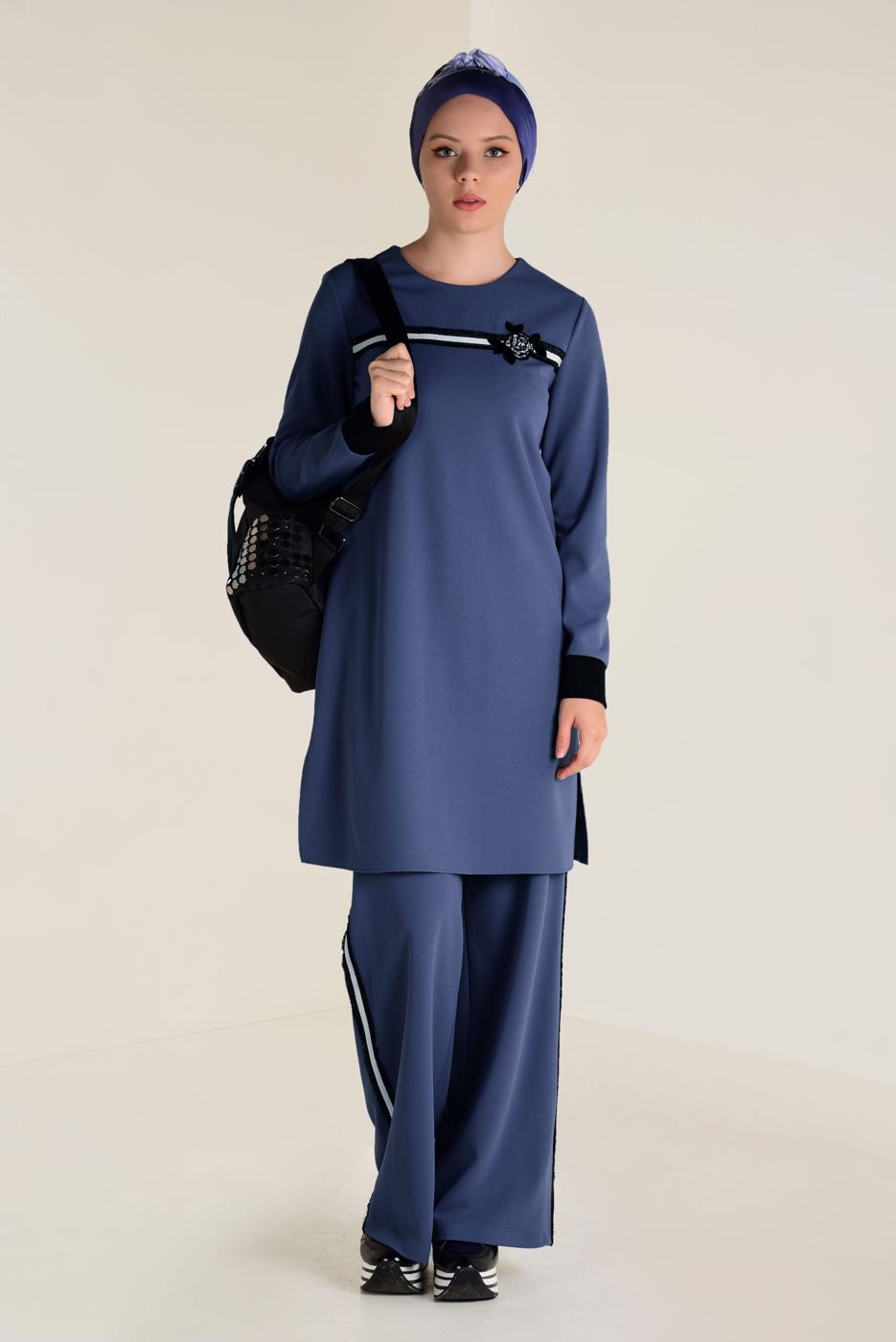 Tesettür giyim LACİVERT  ŞERİT DETAYLI PANTOLONLU TAKIM 4558 
