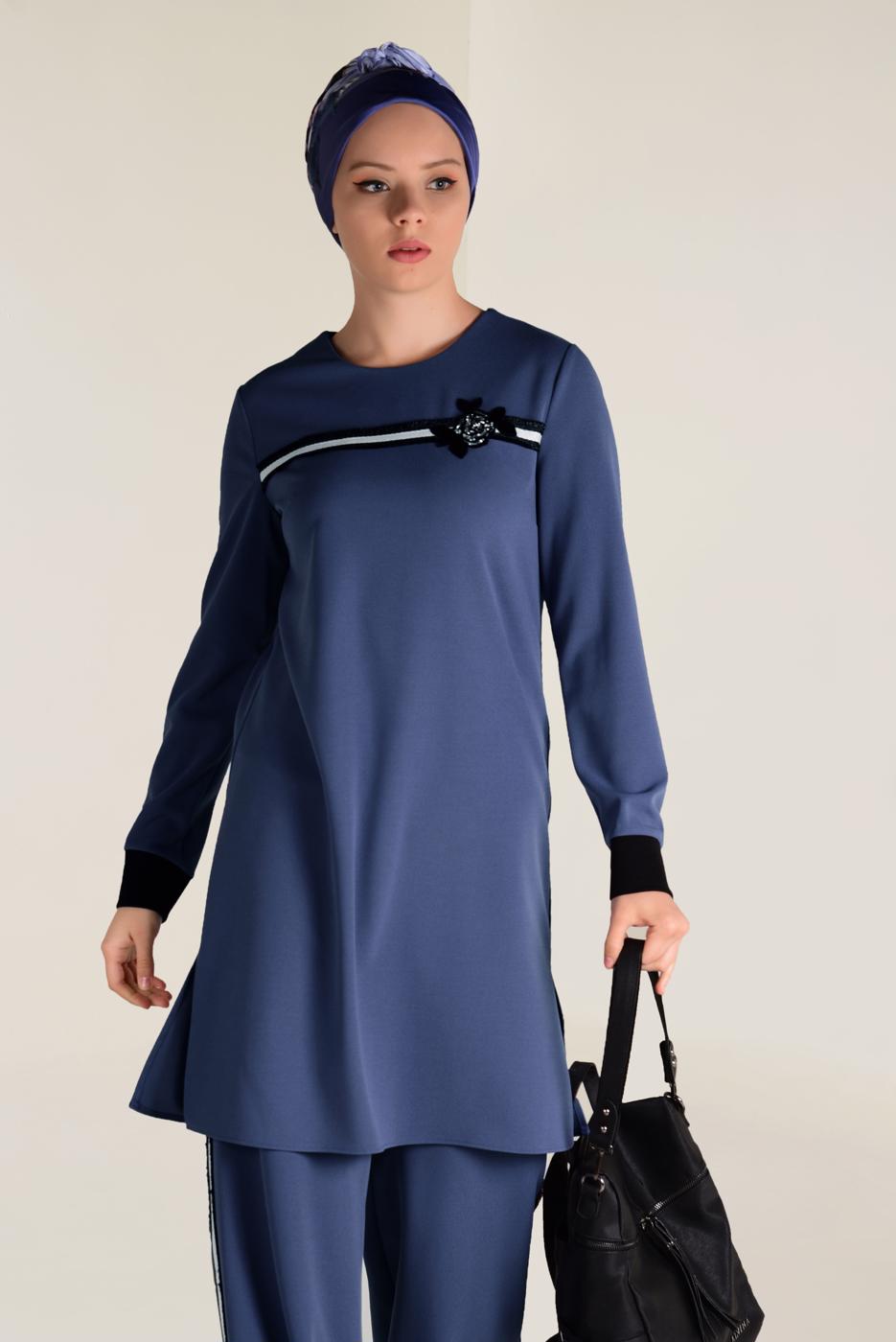 Tesettür giyim LACİVERT  ŞERİT DETAYLI PANTOLONLU TAKIM 4558 