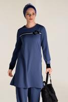 Tesettür giyim LACİVERT  ŞERİT DETAYLI PANTOLONLU TAKIM 4558 