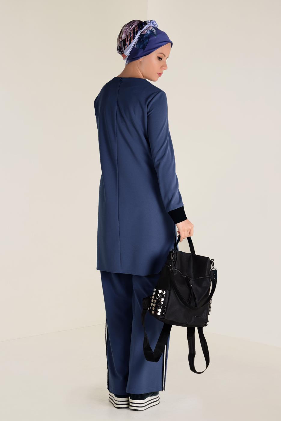 Tesettür giyim LACİVERT  ŞERİT DETAYLI PANTOLONLU TAKIM 4558 