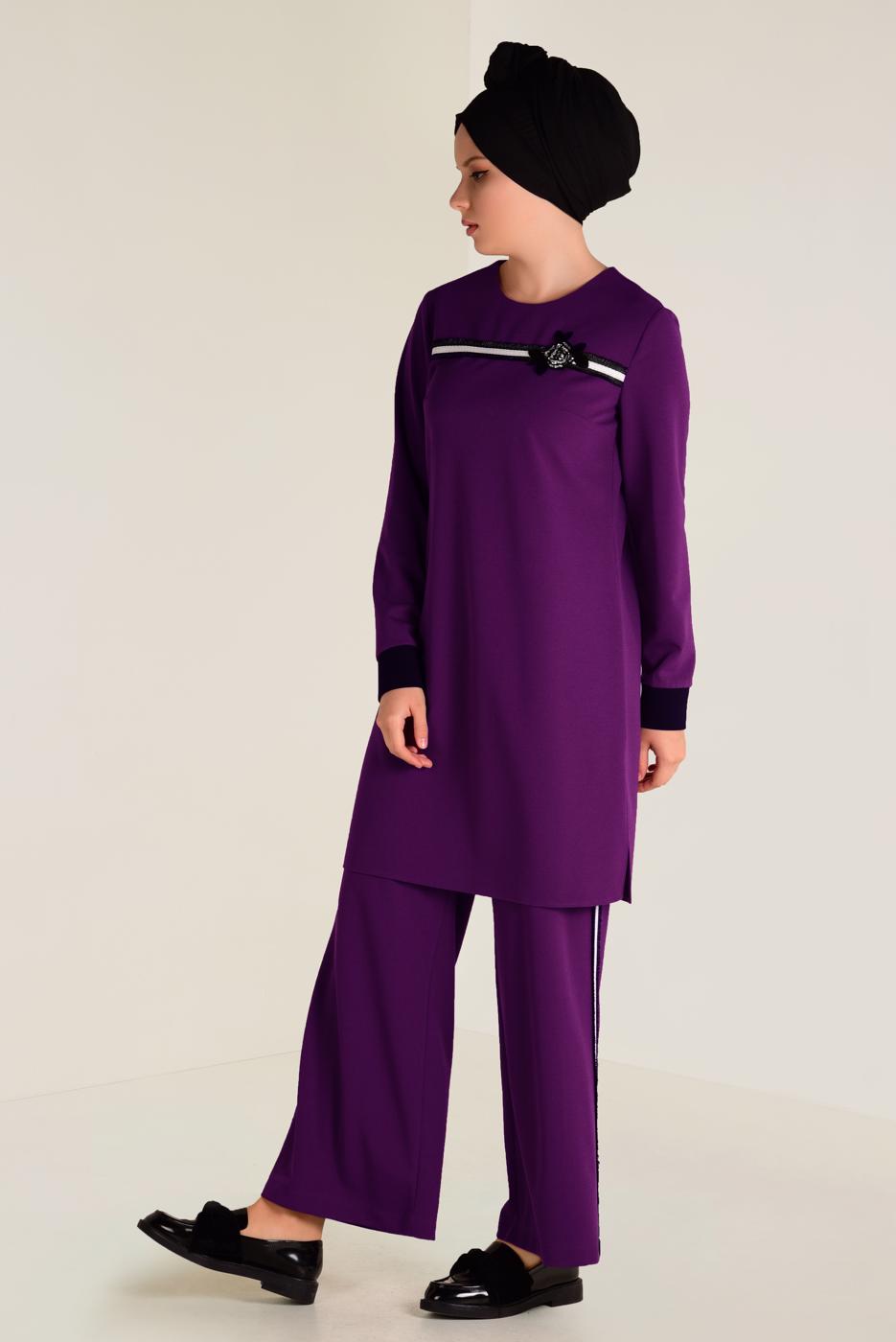 Tesettür giyim MOR  ŞERİT DETAYLI PANTOLONLU TAKIM 4558 