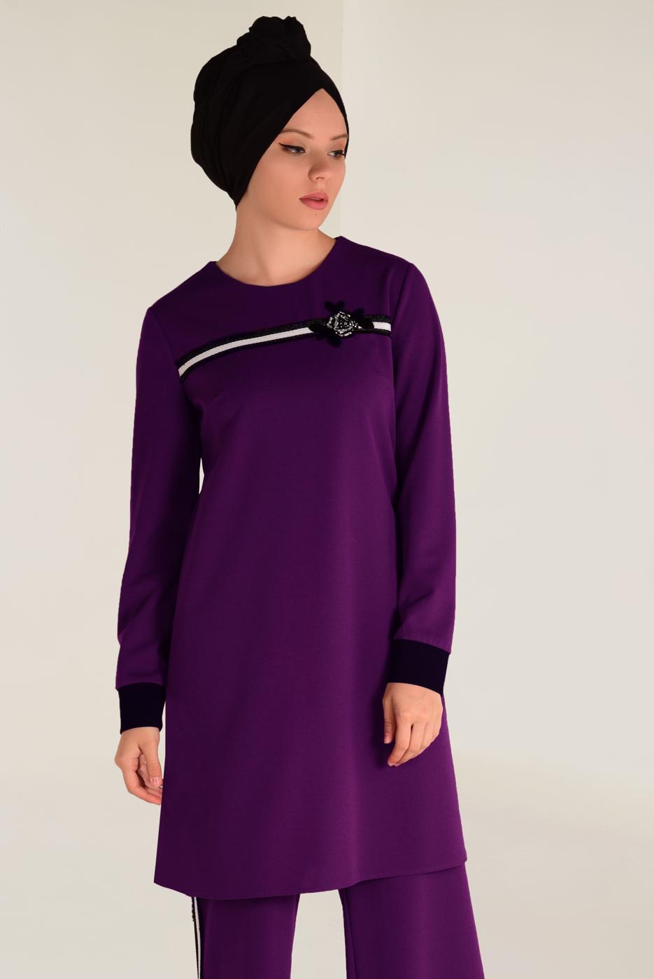 Tesettür giyim MOR  ŞERİT DETAYLI PANTOLONLU TAKIM 4558 