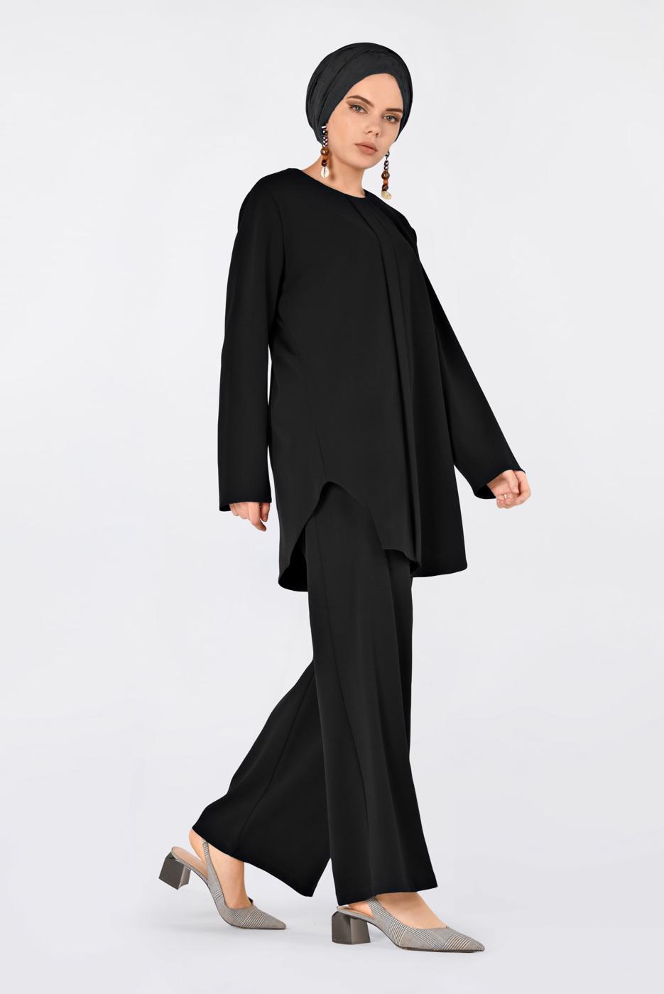 Tesettür giyim SİYAH BİSİKLET YAKA 2&prime;Lİ PANTOLON TAKIM 4561
