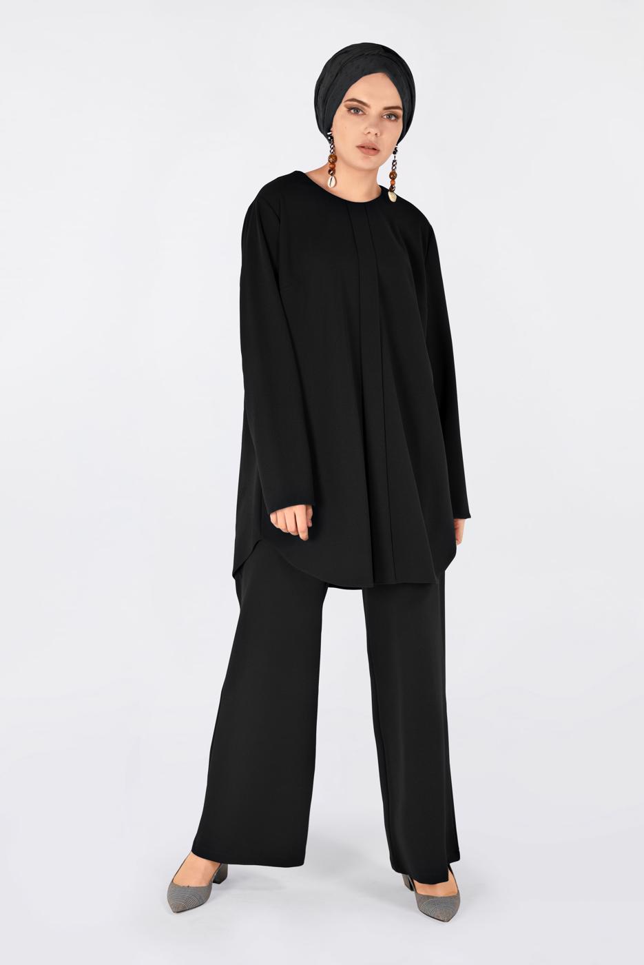Tesettür giyim SİYAH BİSİKLET YAKA 2&prime;Lİ PANTOLON TAKIM 4561