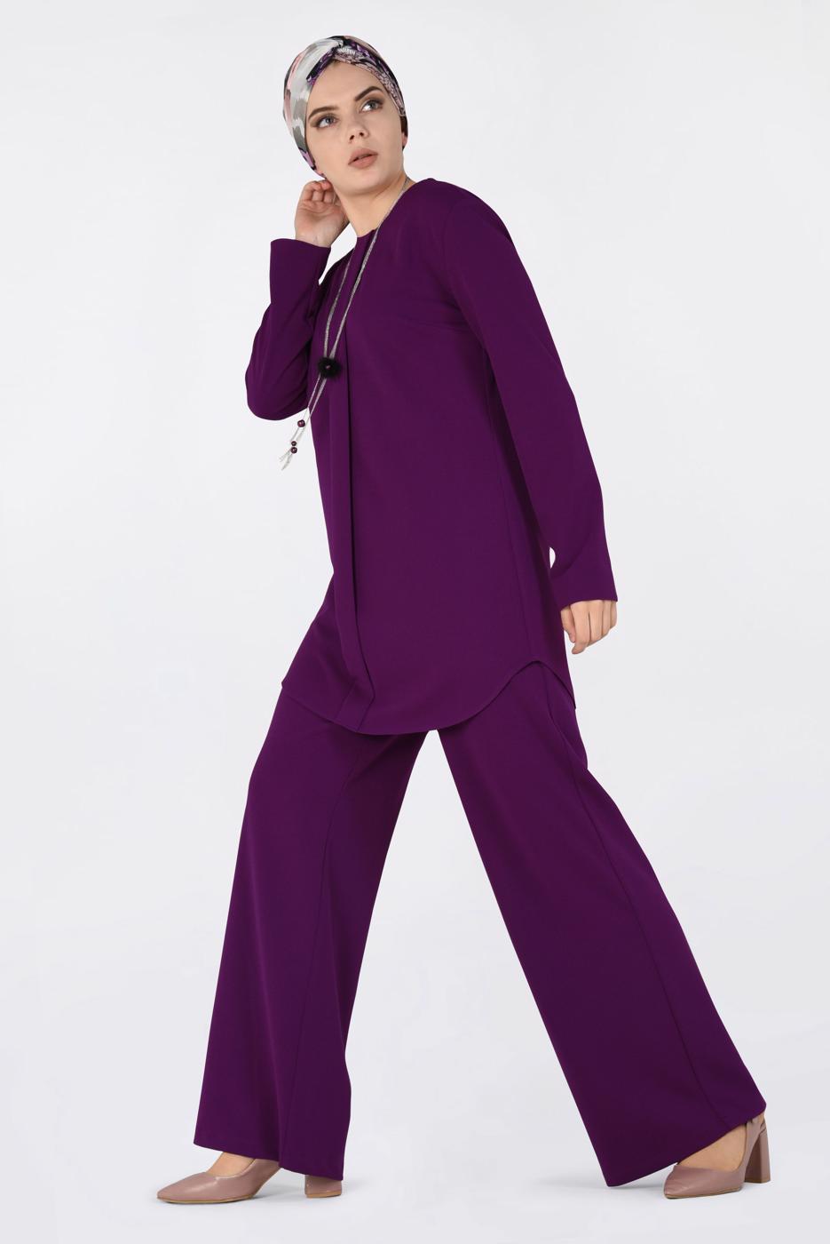 Tesettür giyim MOR BİSİKLET YAKA 2&prime;Lİ PANTOLON TAKIM 4561