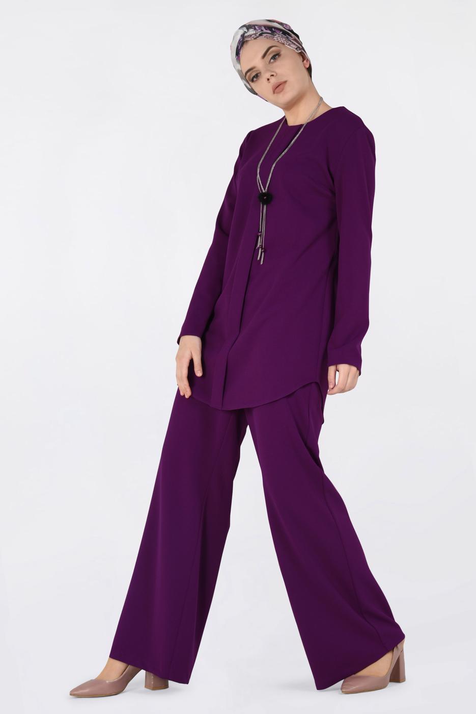 Tesettür giyim MOR BİSİKLET YAKA 2&prime;Lİ PANTOLON TAKIM 4561