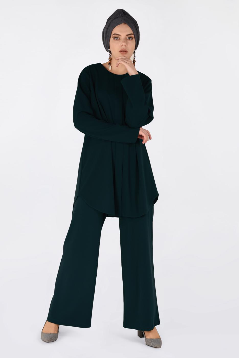 Tesettür giyim YEŞİL BİSİKLET YAKA 2&prime;Lİ PANTOLON TAKIM 4561