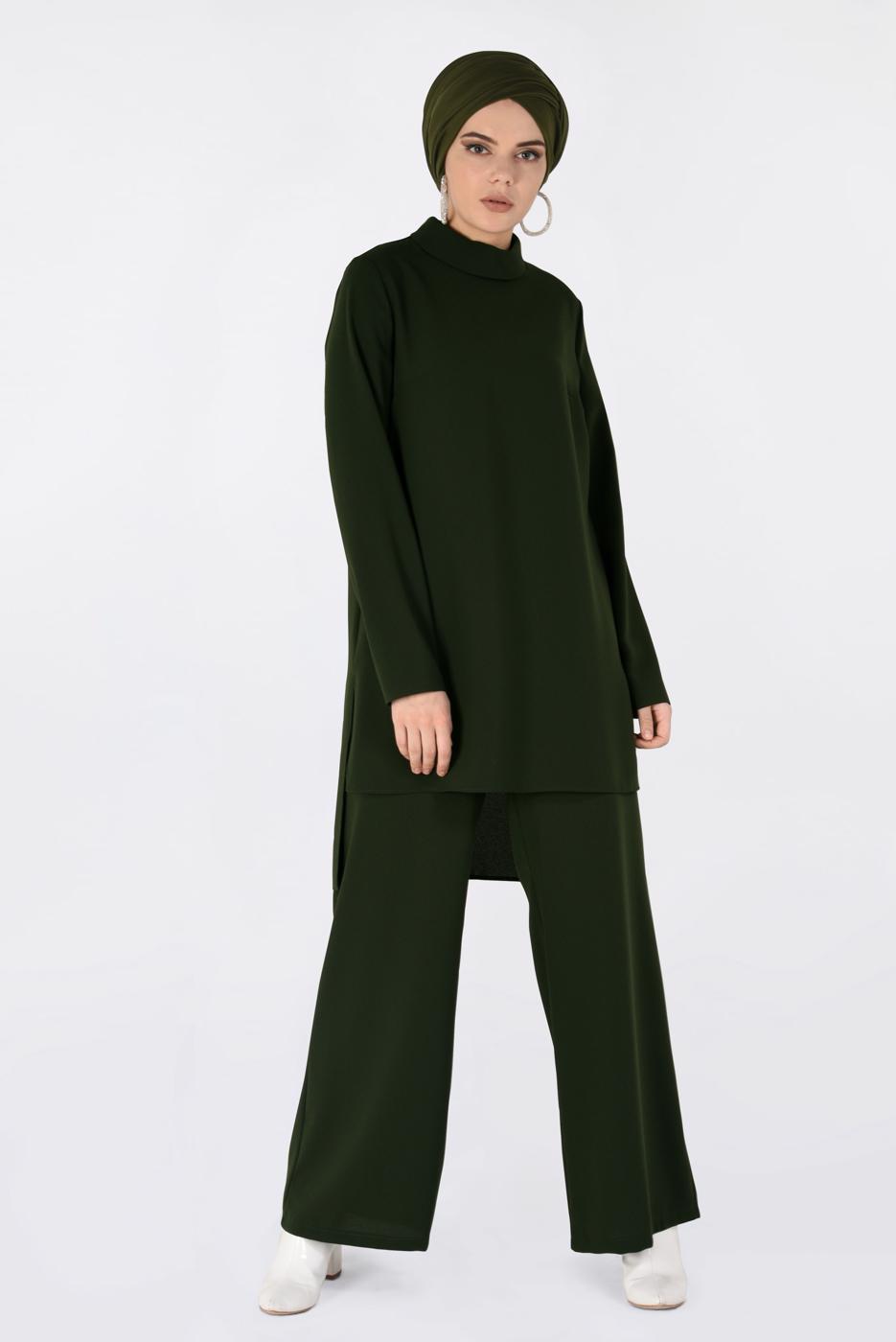 Tesettür giyim YEŞİL YANDAN YIRTMAÇLI PANTOLONLU TAKIM 4763