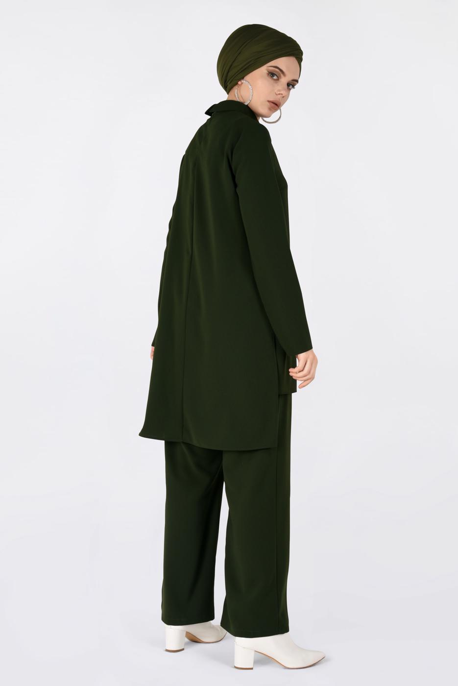 Tesettür giyim YEŞİL YANDAN YIRTMAÇLI PANTOLONLU TAKIM 4763
