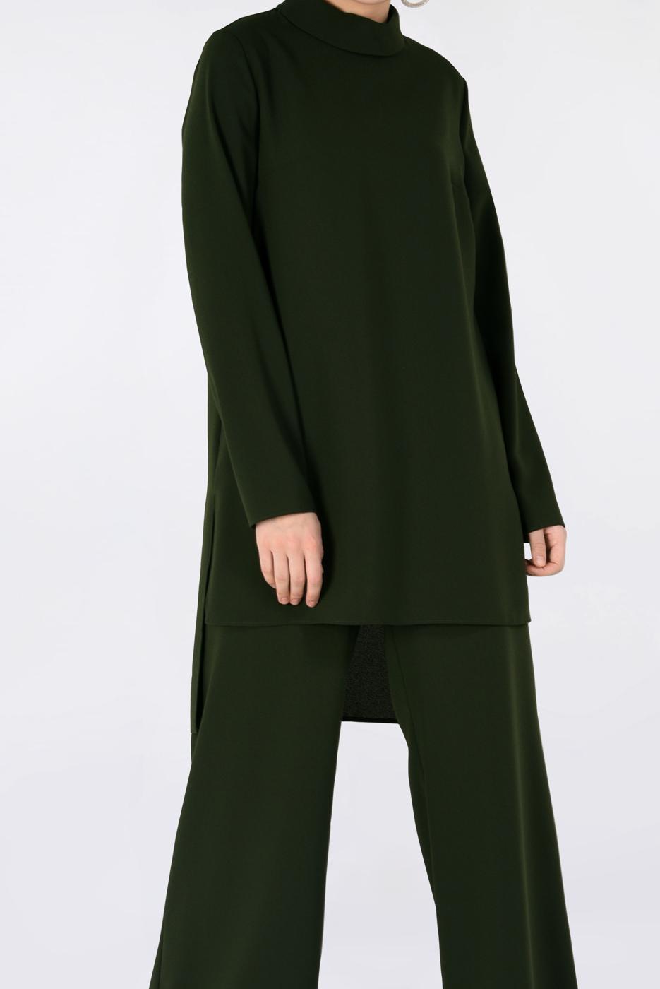 Tesettür giyim YEŞİL YANDAN YIRTMAÇLI PANTOLONLU TAKIM 4763
