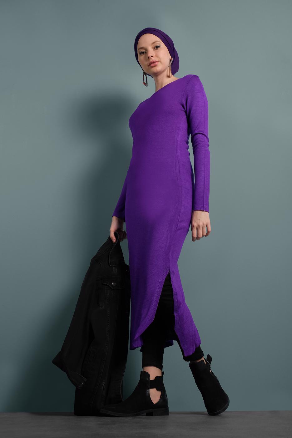 Tesettür giyim MOR YIRTMAÇLI TRİKO TUNİK 0921-1