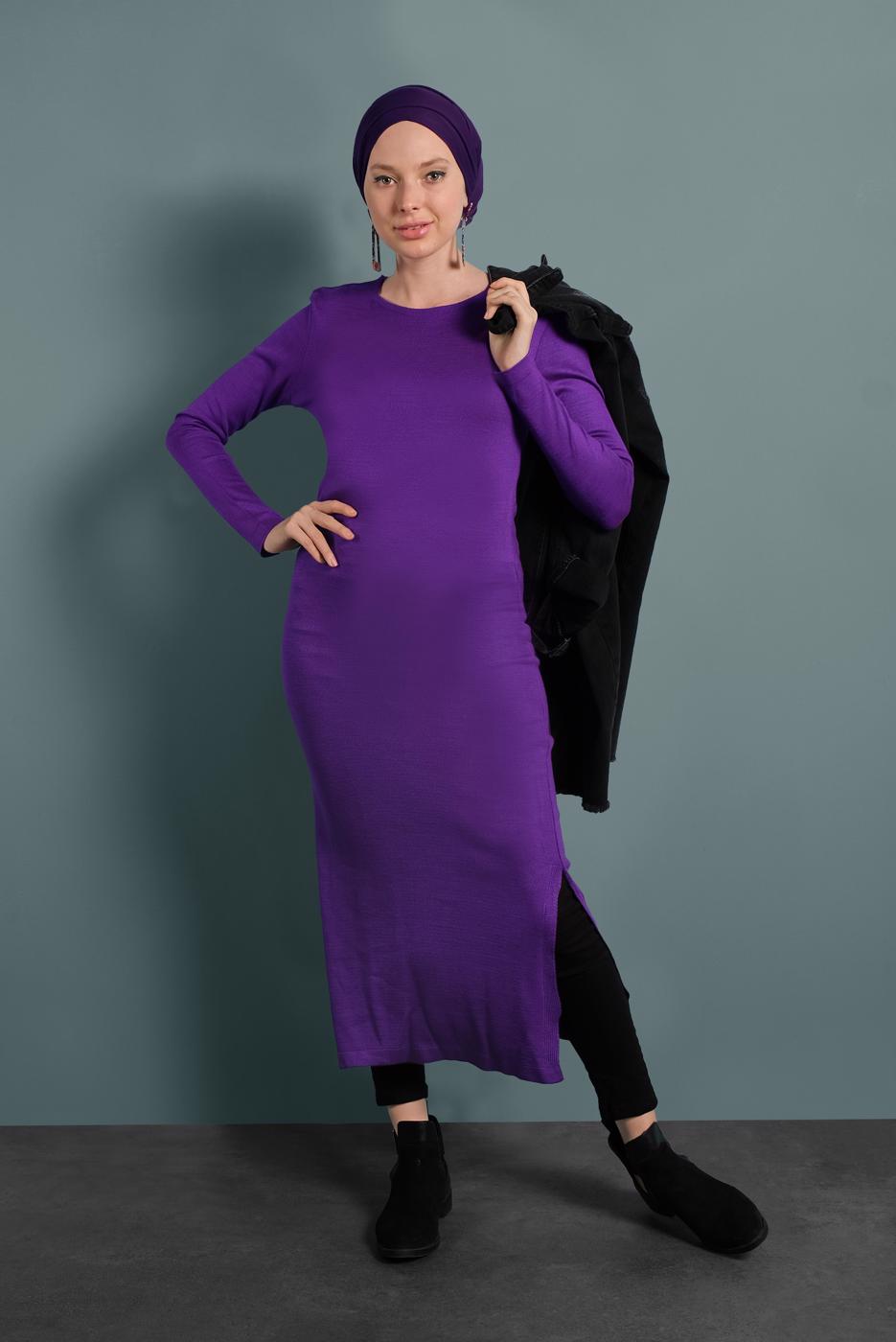 Tesettür giyim MOR YIRTMAÇLI TRİKO TUNİK 0921-1