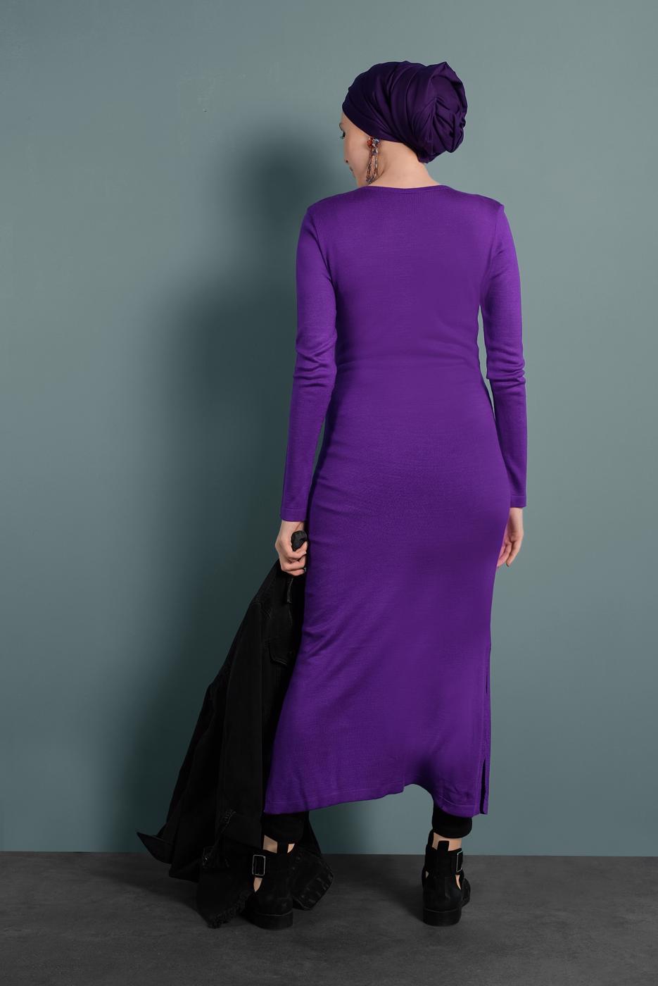 Tesettür giyim MOR YIRTMAÇLI TRİKO TUNİK 0921-1