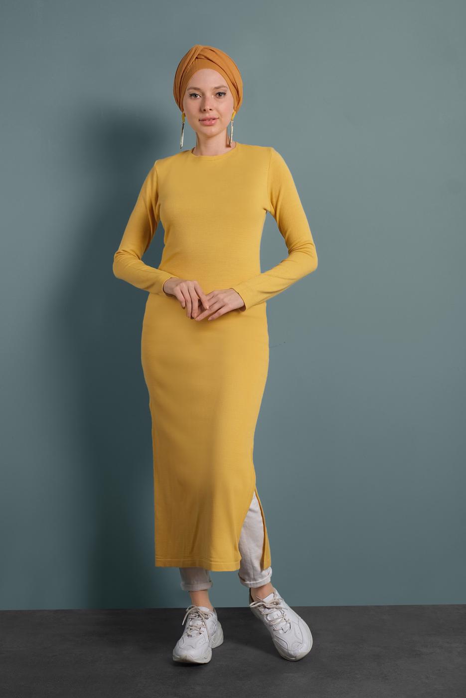 Tesettür giyim SARI YIRTMAÇLI TRİKO TUNİK 0921-1