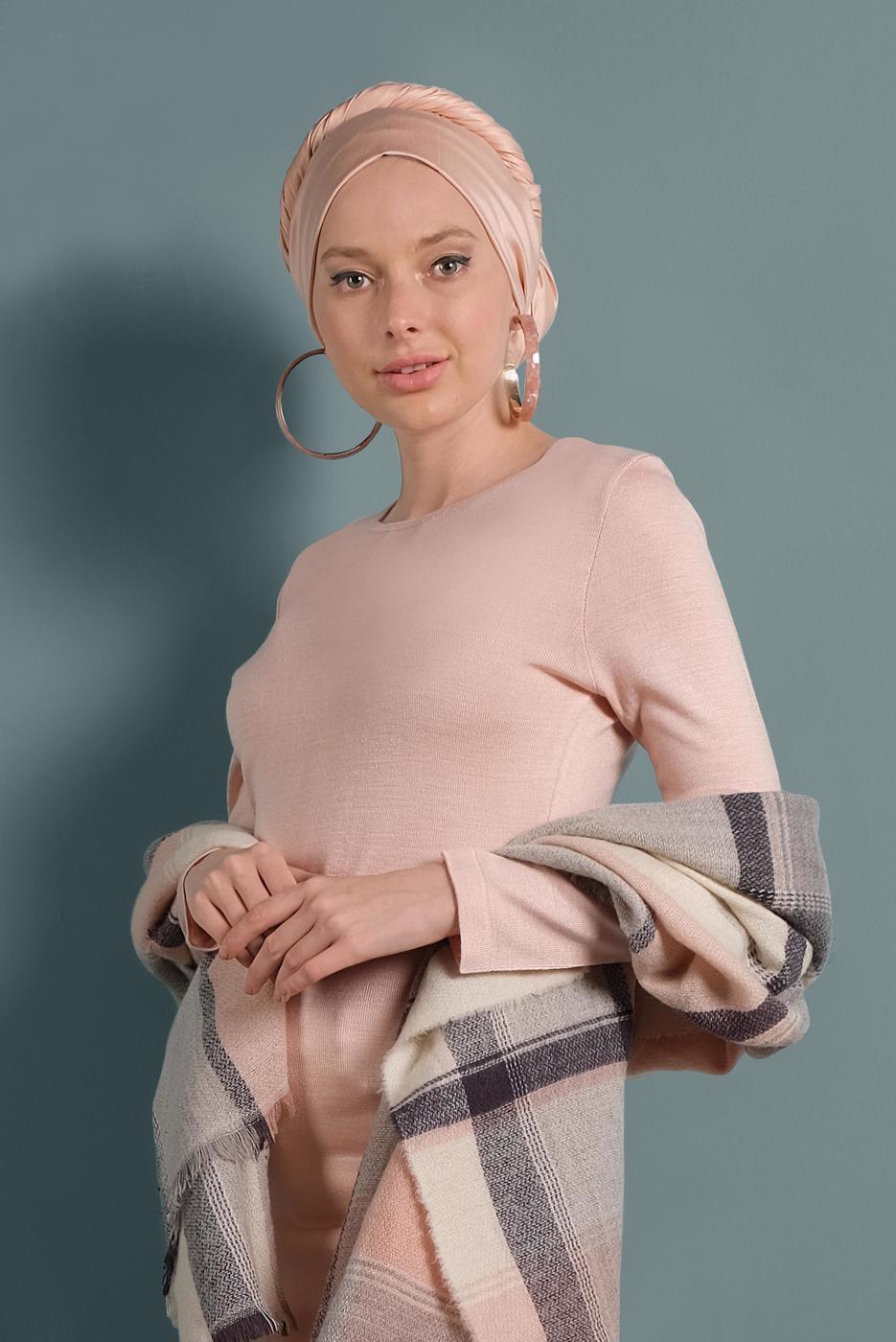 Tesettür giyim PUDRA YIRTMAÇLI TRİKO TUNİK 0921-1
