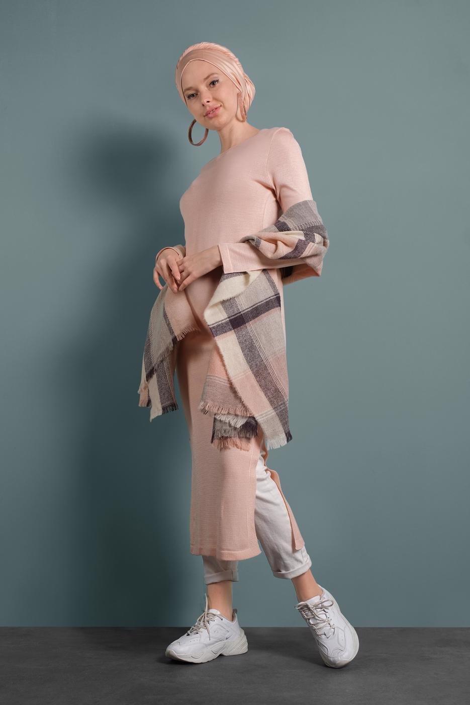 Tesettür giyim PUDRA YIRTMAÇLI TRİKO TUNİK 0921-1
