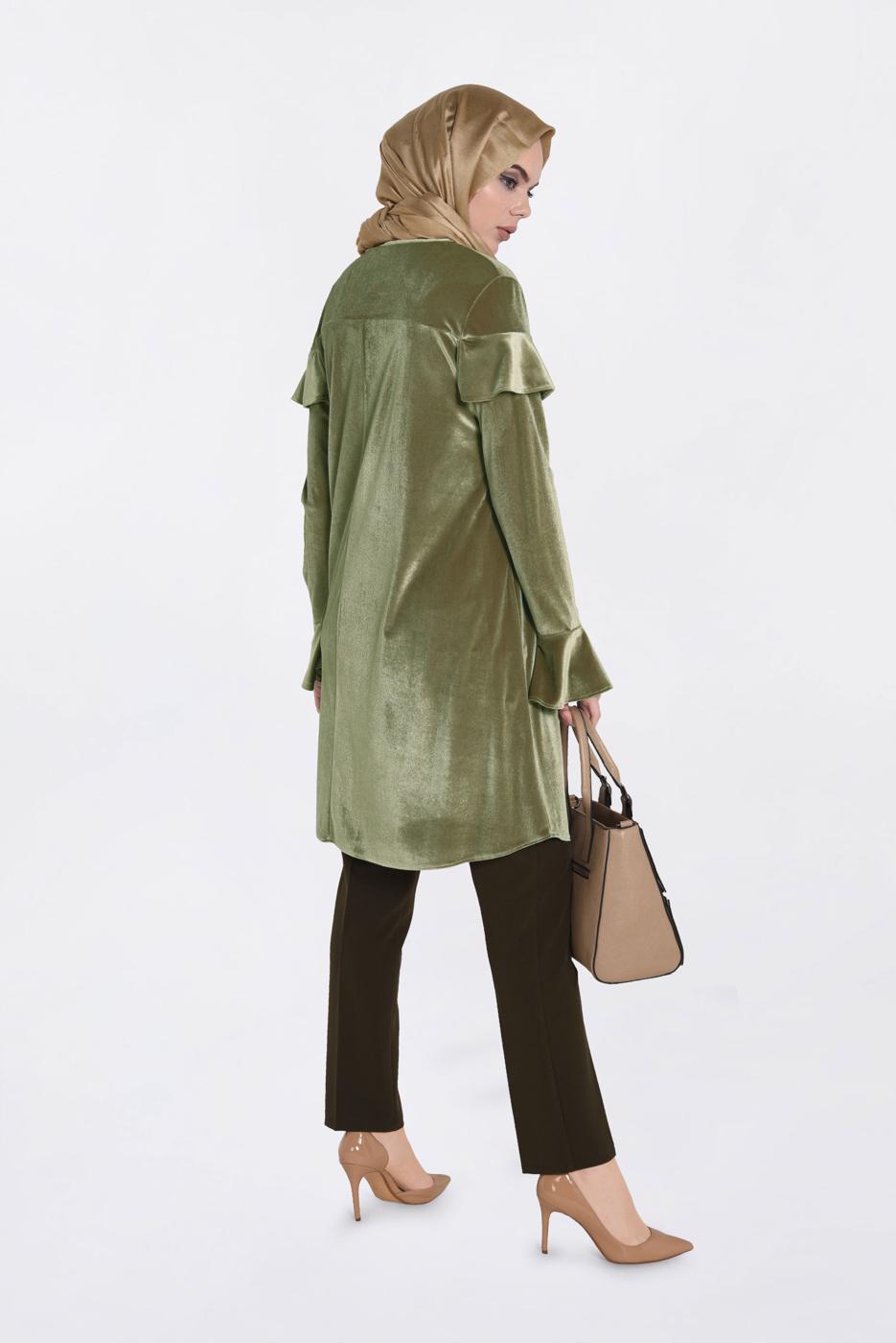 Tesettür giyim BEJ KOLLARI VE OMUZLARI VOLANLI TUNİK 4789-1