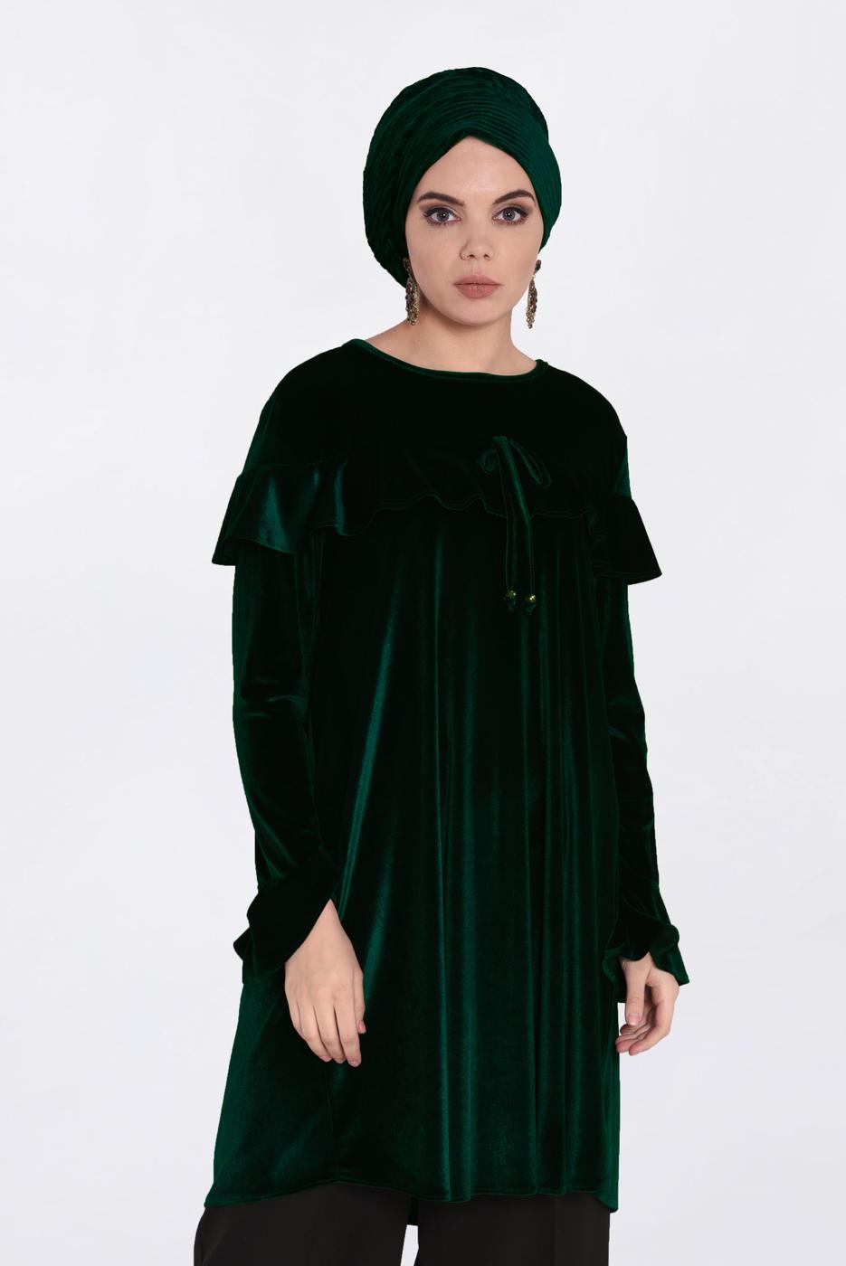 Tesettür giyim YEŞİL KOLLARI VE OMUZLARI VOLANLI TUNİK 4789-1