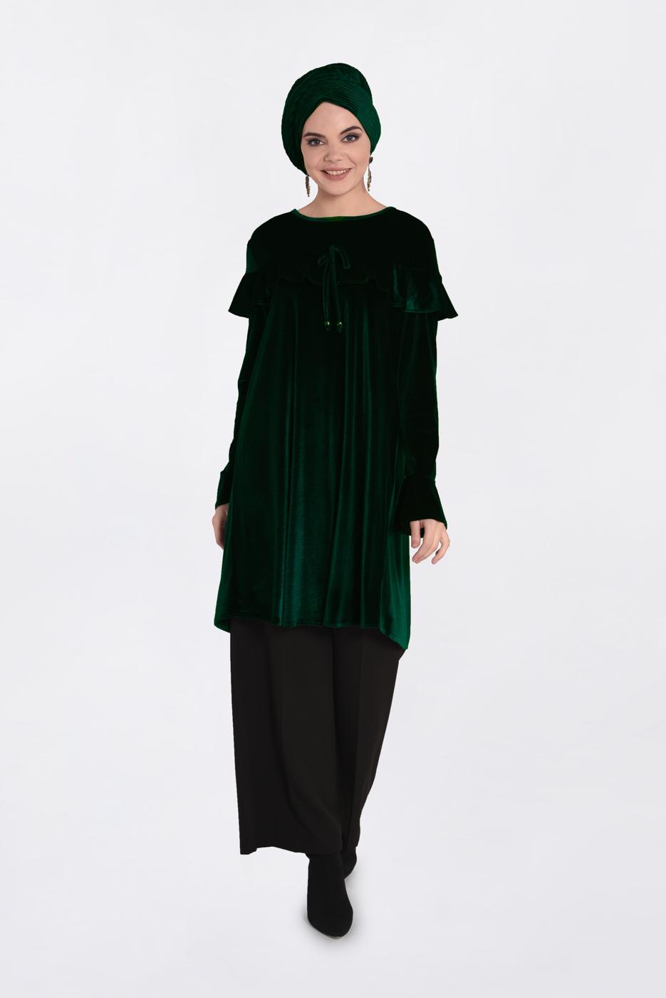 Tesettür giyim YEŞİL KOLLARI VE OMUZLARI VOLANLI TUNİK 4789-1
