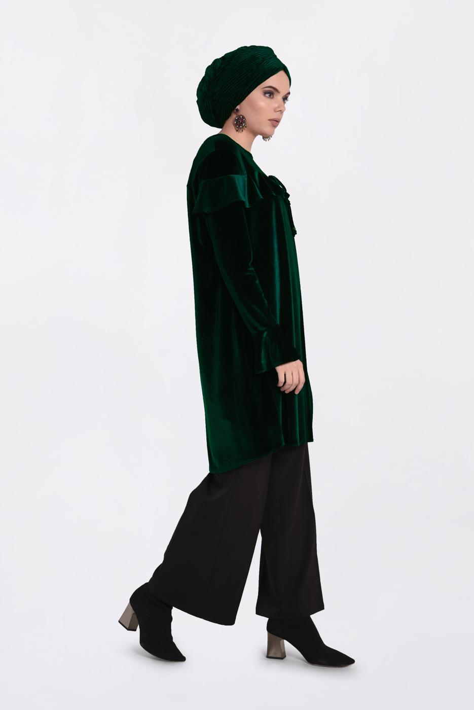 Tesettür giyim YEŞİL KOLLARI VE OMUZLARI VOLANLI TUNİK 4789-1