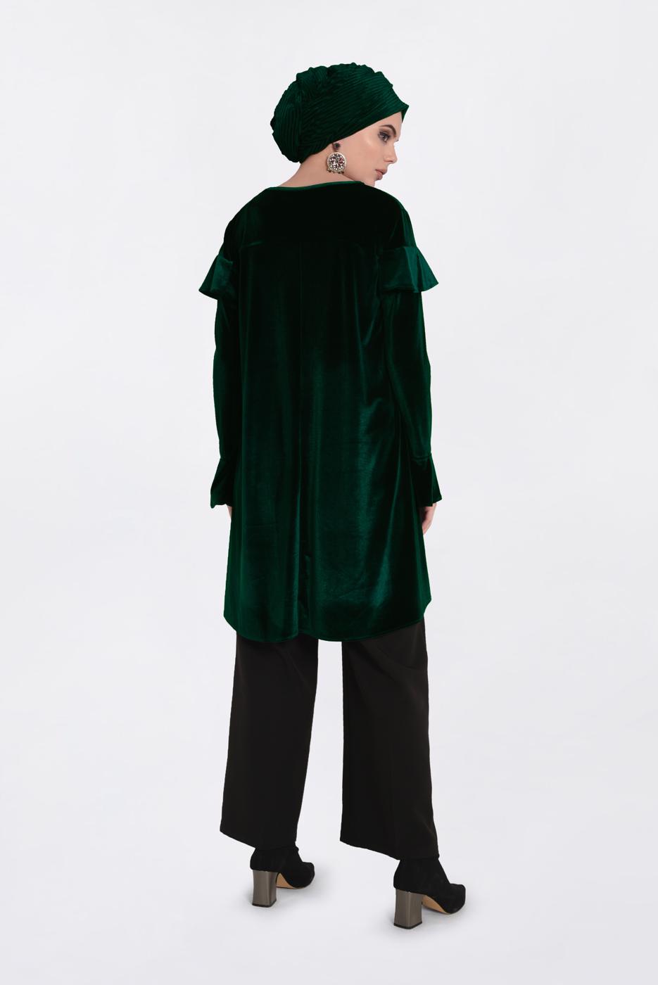 Tesettür giyim YEŞİL KOLLARI VE OMUZLARI VOLANLI TUNİK 4789-1