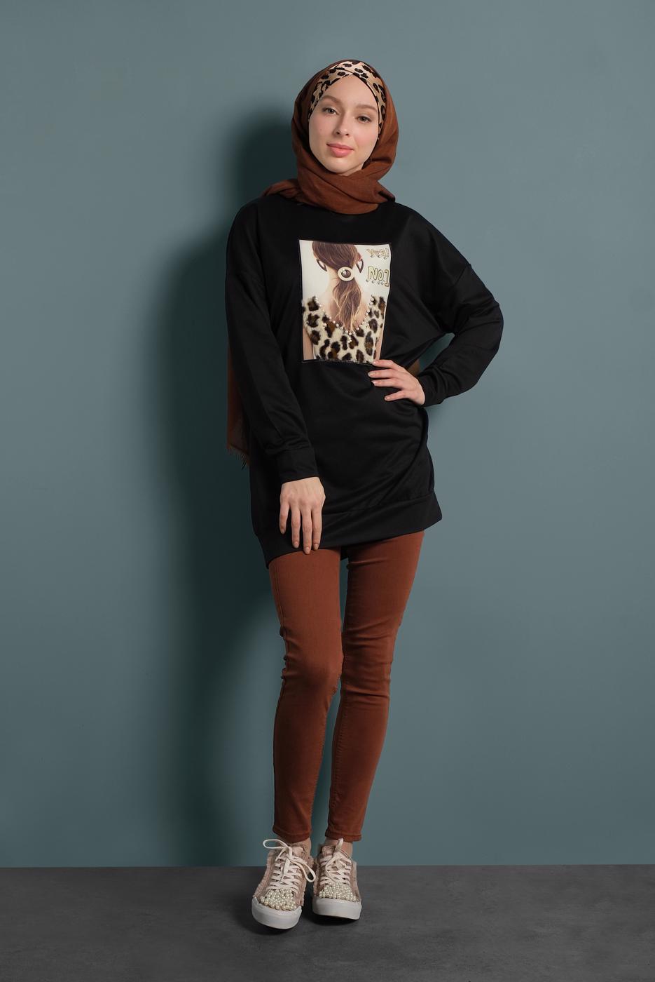 Vêtements hijab NOIR TUNIQUE SPORT IMPRIMÉE 167