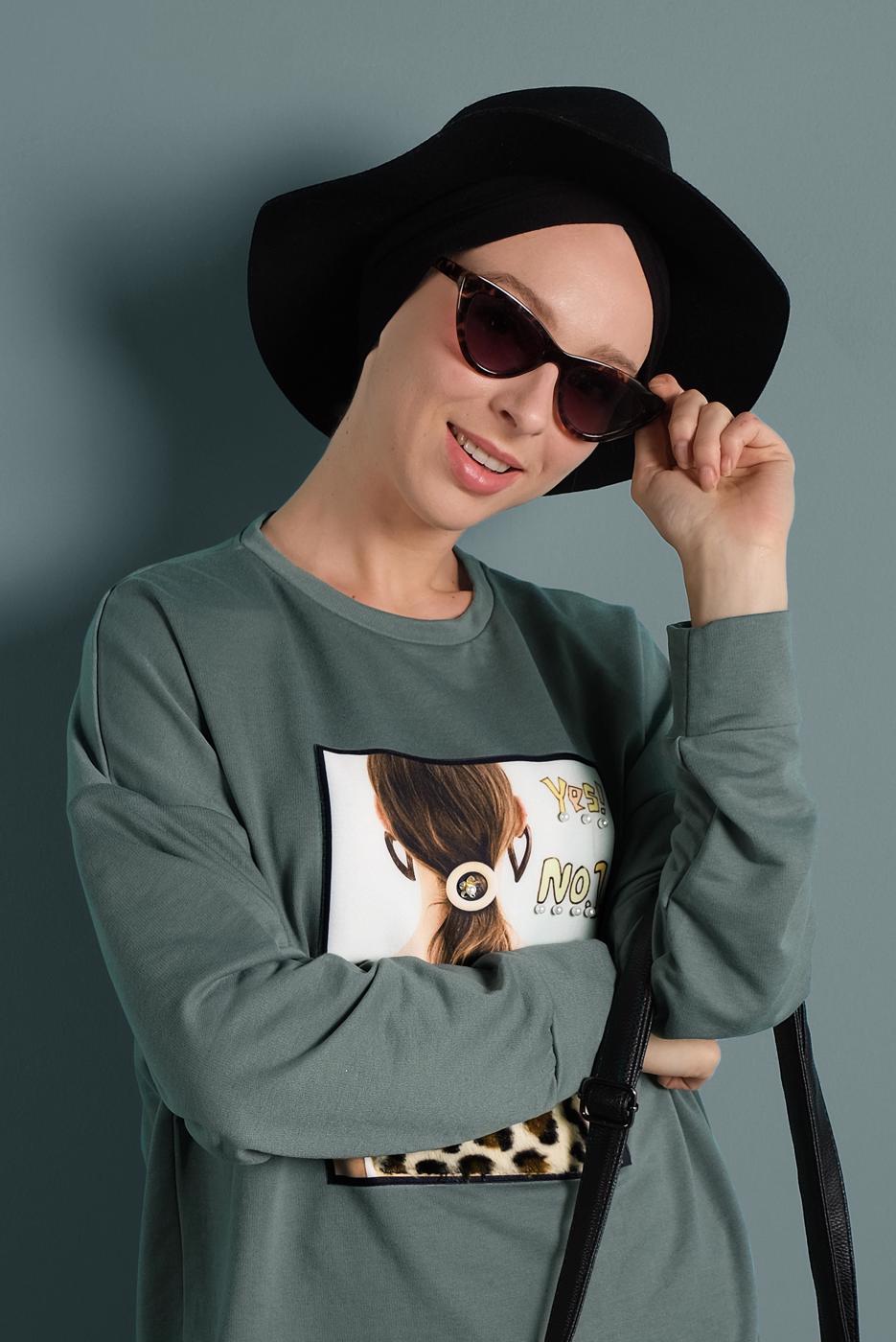 Tesettür giyim YEŞİL BASKILI EŞOFMAN TUNİK 167